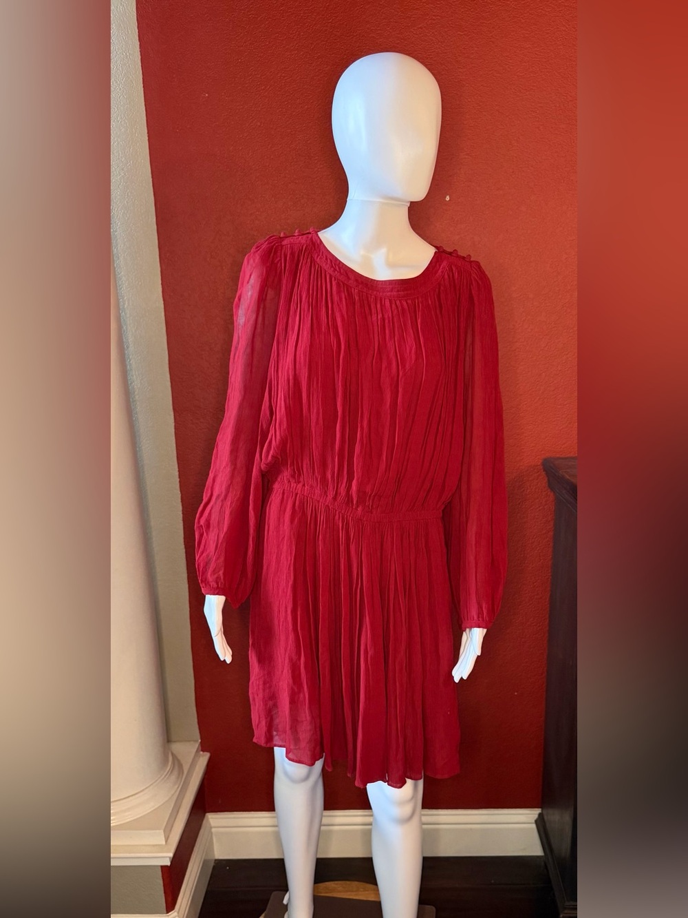 Isabel Marant Étoile Red Karla Gathered Voile Mini Dress Sz 44 Large GUC